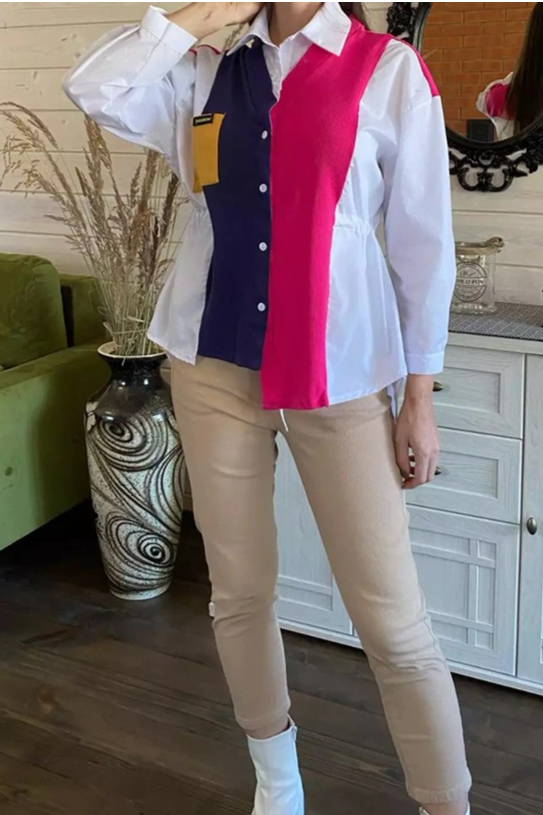 Patchwork Asymmetrical Shirt Spring