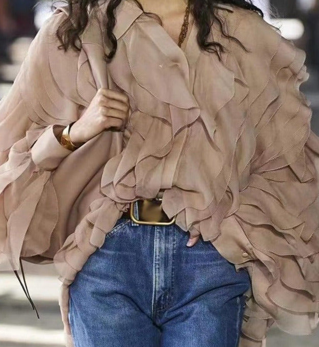 Nizza Elegant Patchwork Ruffle Blouse