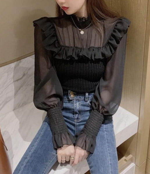 Ella Mesh Stitching Frill Sweater