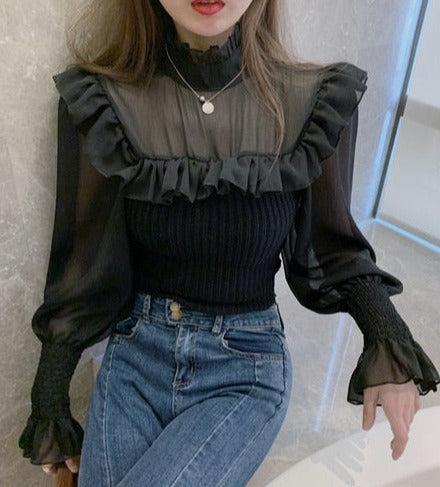 Ella Mesh Stitching Frill Sweater