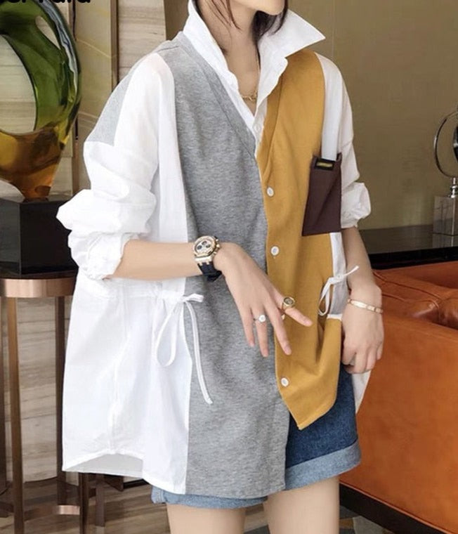 Patchwork Asymmetrical Shirt Spring