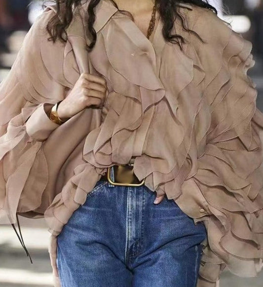 Nizza Elegant Patchwork Ruffle Blouse