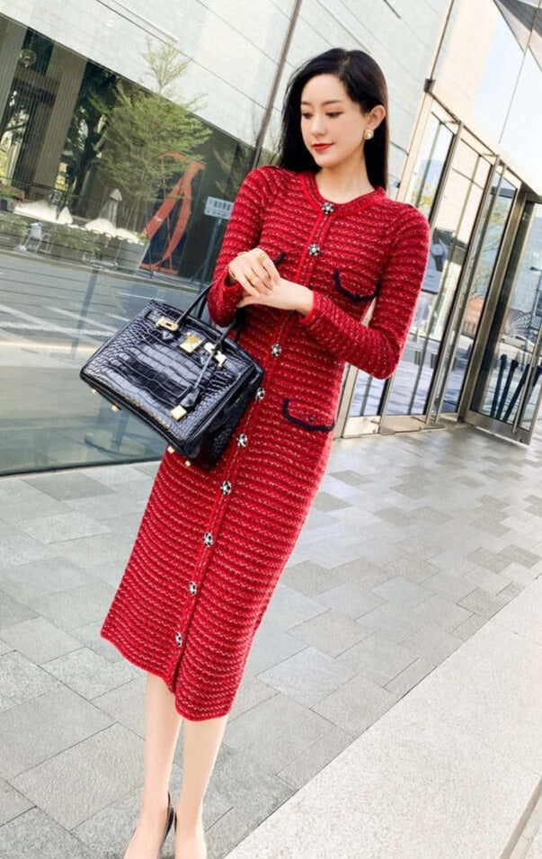 Red Knitted Midi Luxury Dress