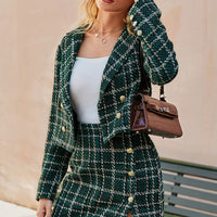 Elegant plaid lapel blazer&mini skirt suit