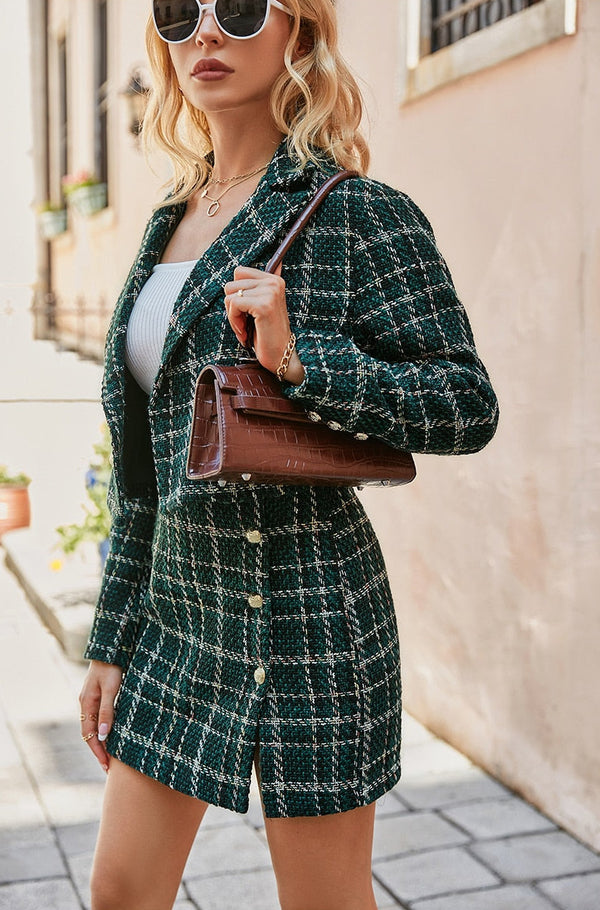 Elegant plaid lapel blazer&mini skirt suit