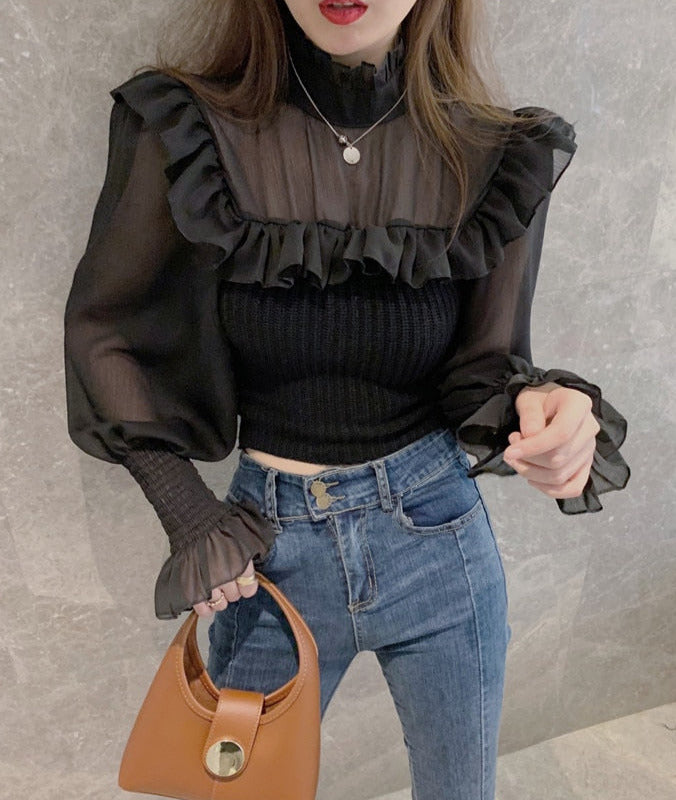 Ella Mesh Stitching Frill Sweater