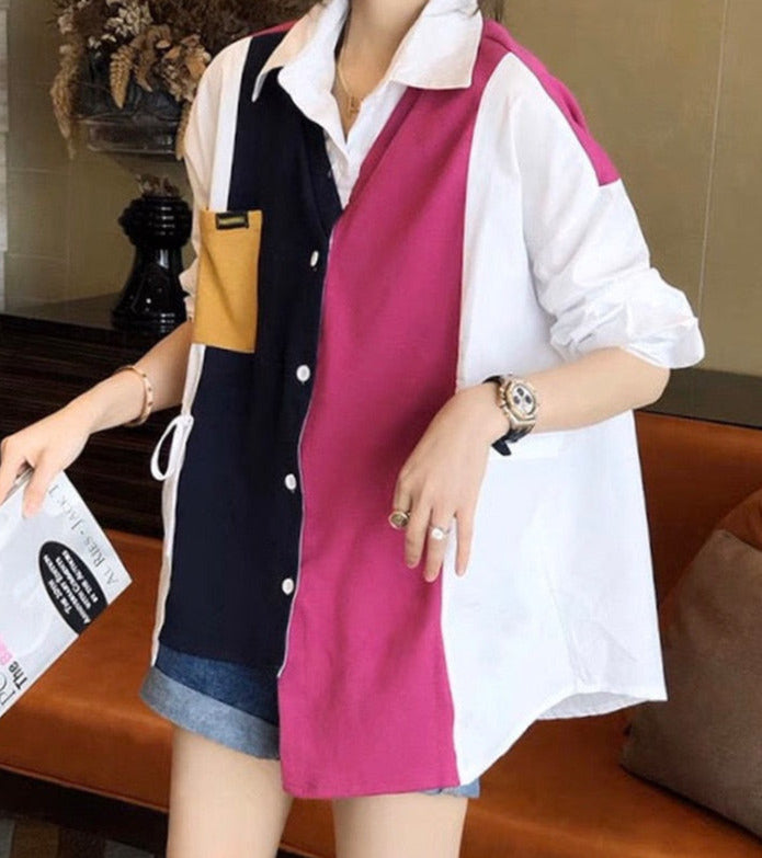 Patchwork Asymmetrical Shirt Spring