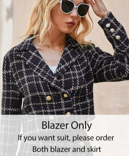 Elegant plaid lapel blazer&mini skirt suit