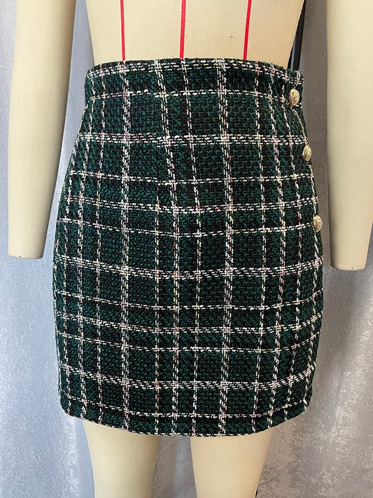 Elegant plaid lapel blazer&mini skirt suit