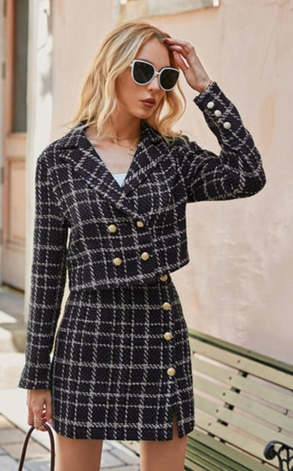 Elegant plaid lapel blazer&mini skirt suit